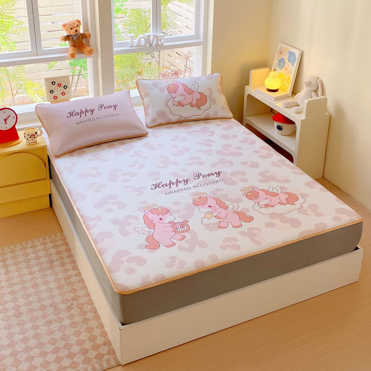 91家纺网 家纺一手货源 找家纺 莱米家纺 2026新款大版小冰皮床笠床席 快乐小狗床笠