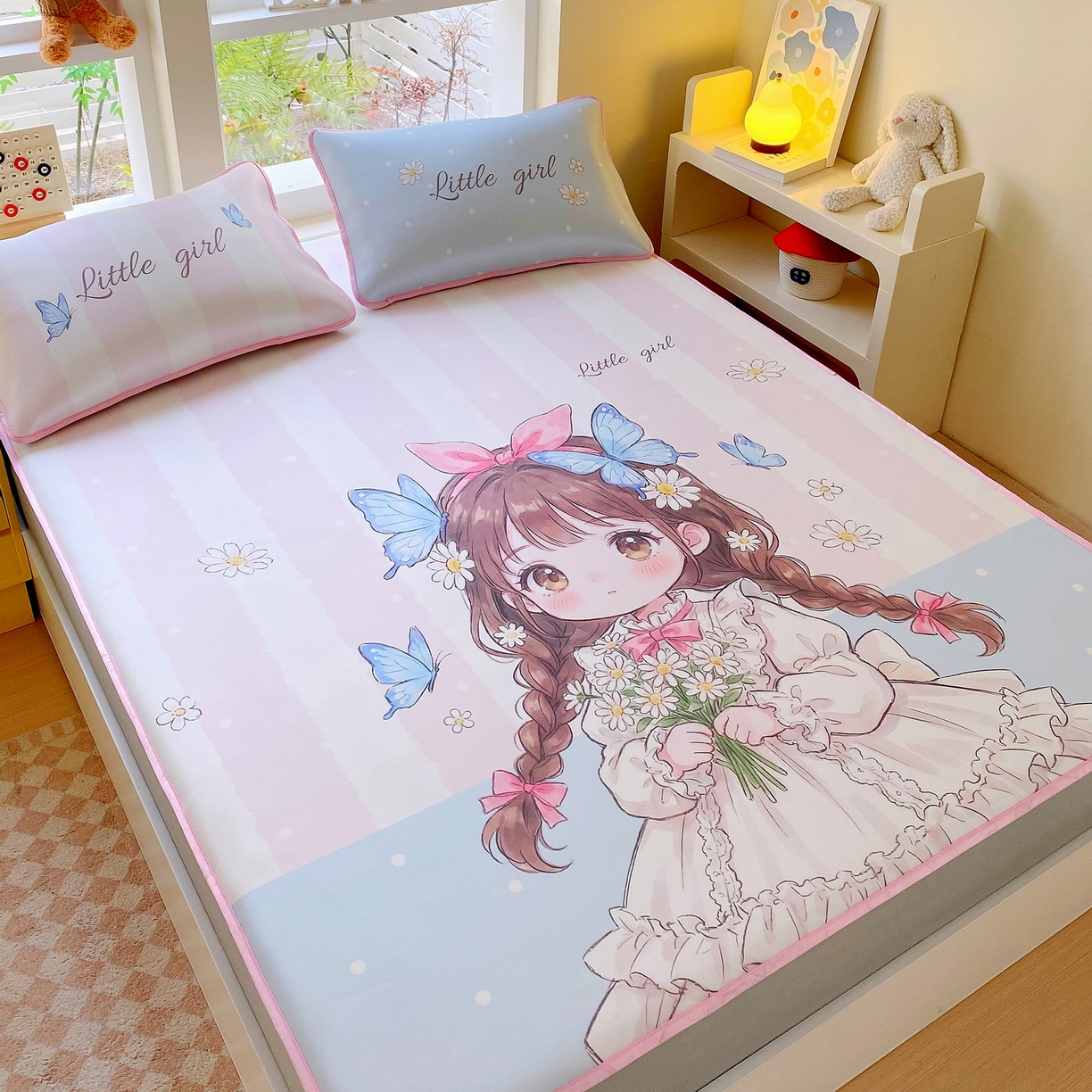 91家纺网 家纺一手货源 找家纺 莱米家纺 2026新款大版小冰皮床笠床席 蝴蝶女孩床笠