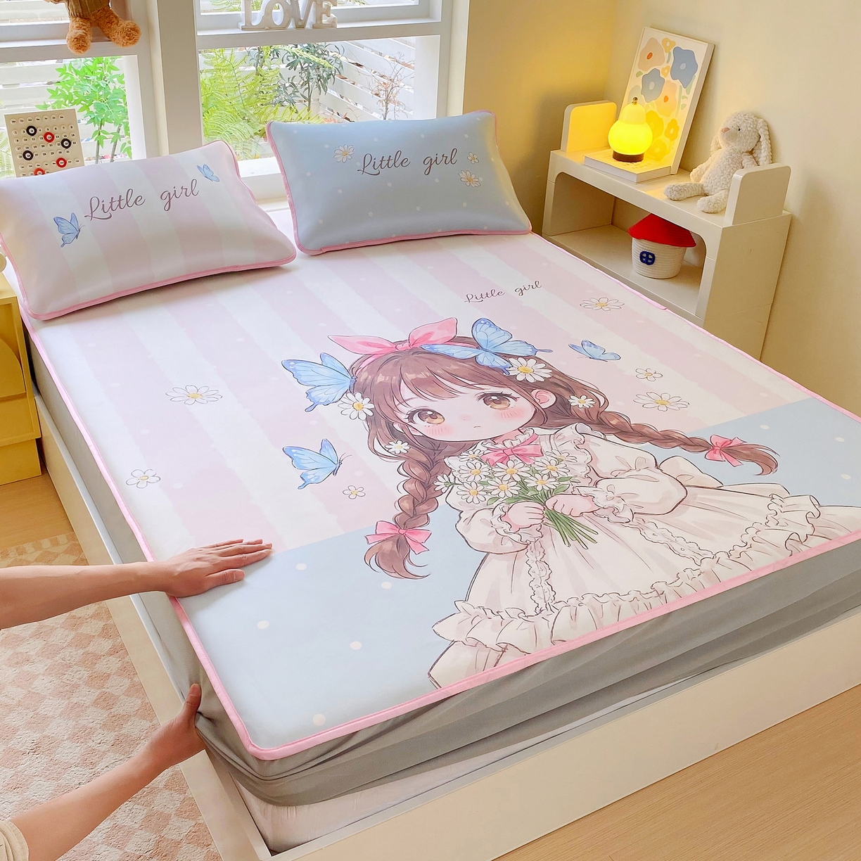 91家纺网 家纺一手货源 找家纺 莱米家纺 2026新款大版小冰皮床笠床席 蝴蝶女孩床笠