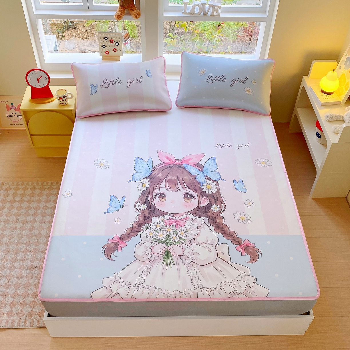 91家纺网 家纺一手货源 找家纺 莱米家纺 2026新款大版小冰皮床笠床席 蝴蝶女孩床笠