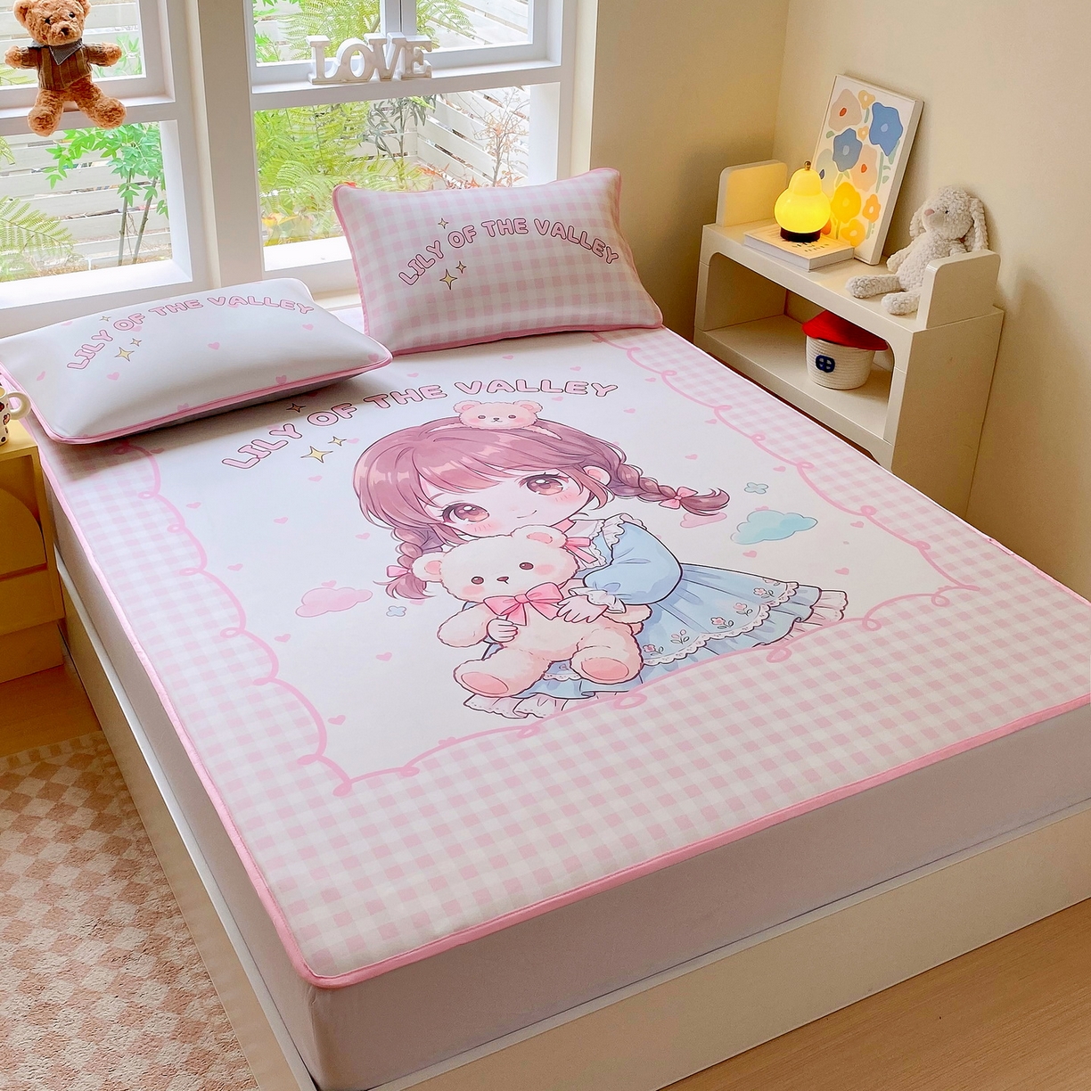 91家纺网 家纺一手货源 找家纺 莱米家纺 2026新款大版小冰皮床笠床席 甜美女孩床席