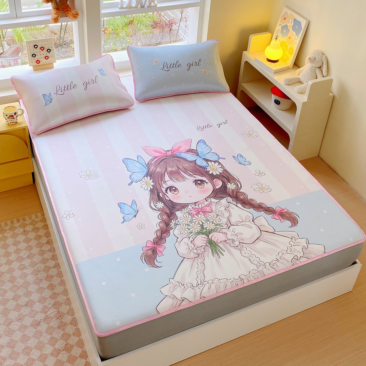 91家纺网 家纺一手货源 找家纺 莱米家纺 2026新款大版小冰皮床笠床席 蝴蝶女孩床笠