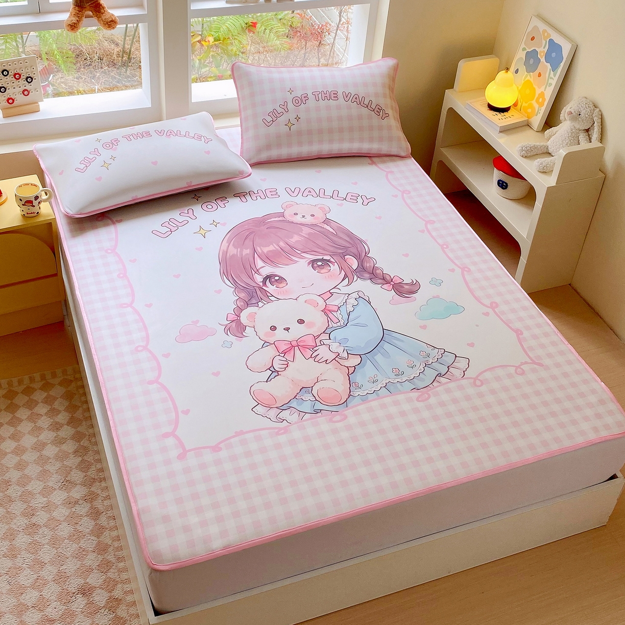 91家纺网 家纺一手货源 找家纺 莱米家纺 2026新款大版小冰皮床笠床席 甜美女孩床席