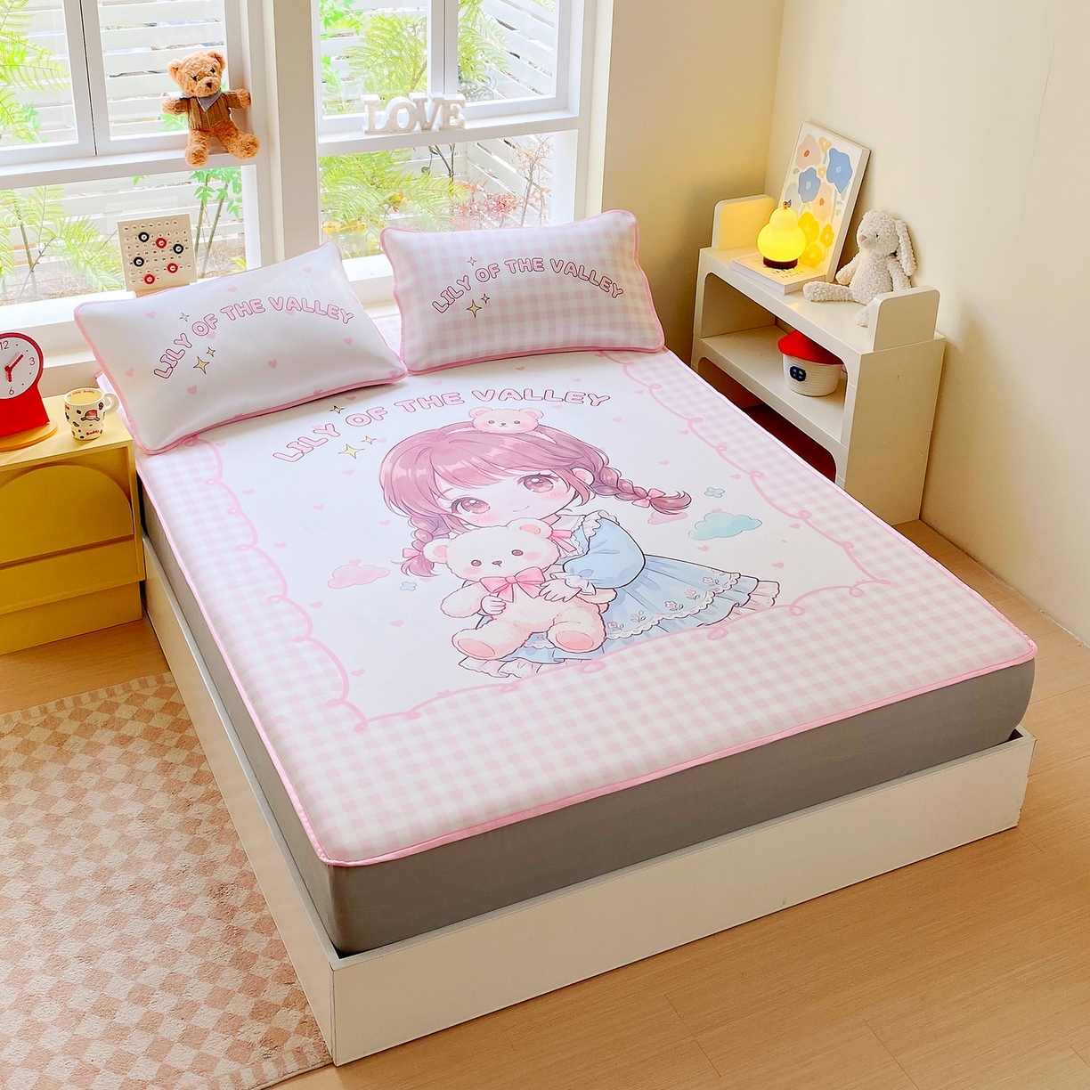 91家纺网 家纺一手货源 找家纺 莱米家纺 2026新款大版小冰皮床笠床席 甜美女孩床笠