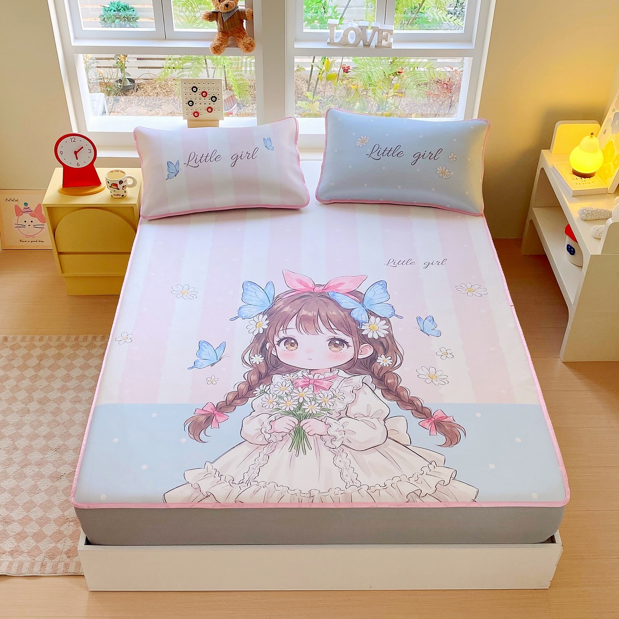 91家纺网 家纺一手货源 找家纺 莱米家纺 2026新款大版小冰皮床笠床席 蝴蝶女孩床笠