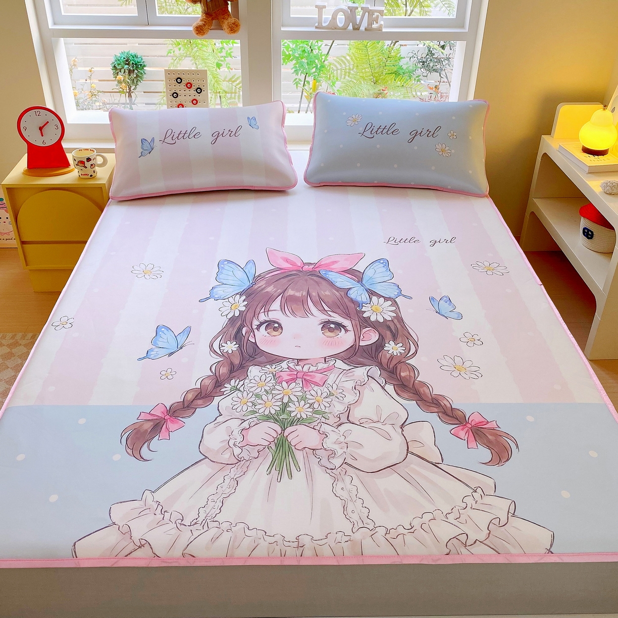 91家纺网 家纺一手货源 找家纺 莱米家纺 2026新款大版小冰皮床笠床席 蝴蝶女孩床笠