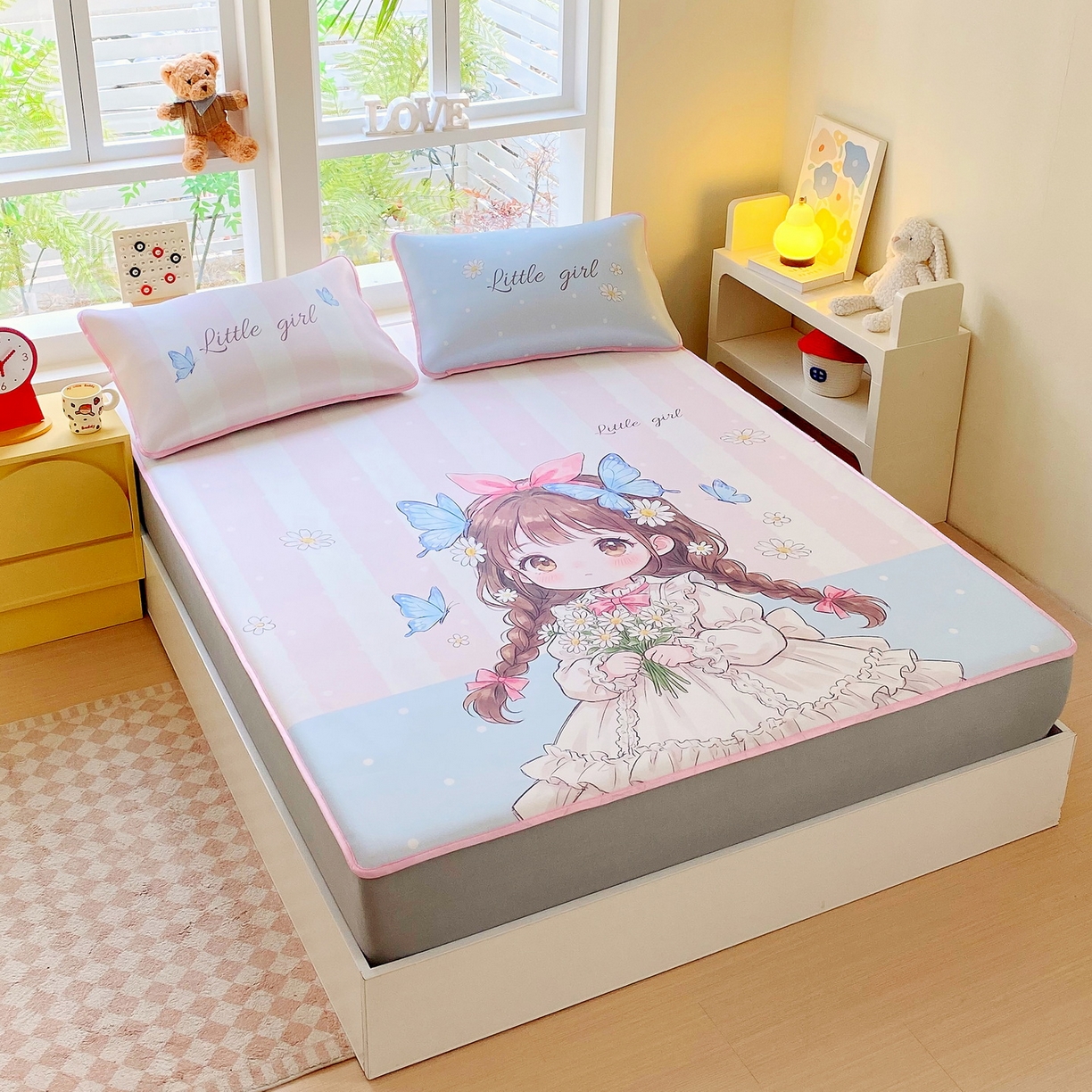 91家纺网 家纺一手货源 找家纺 莱米家纺 2026新款大版小冰皮床笠床席 蝴蝶女孩床笠