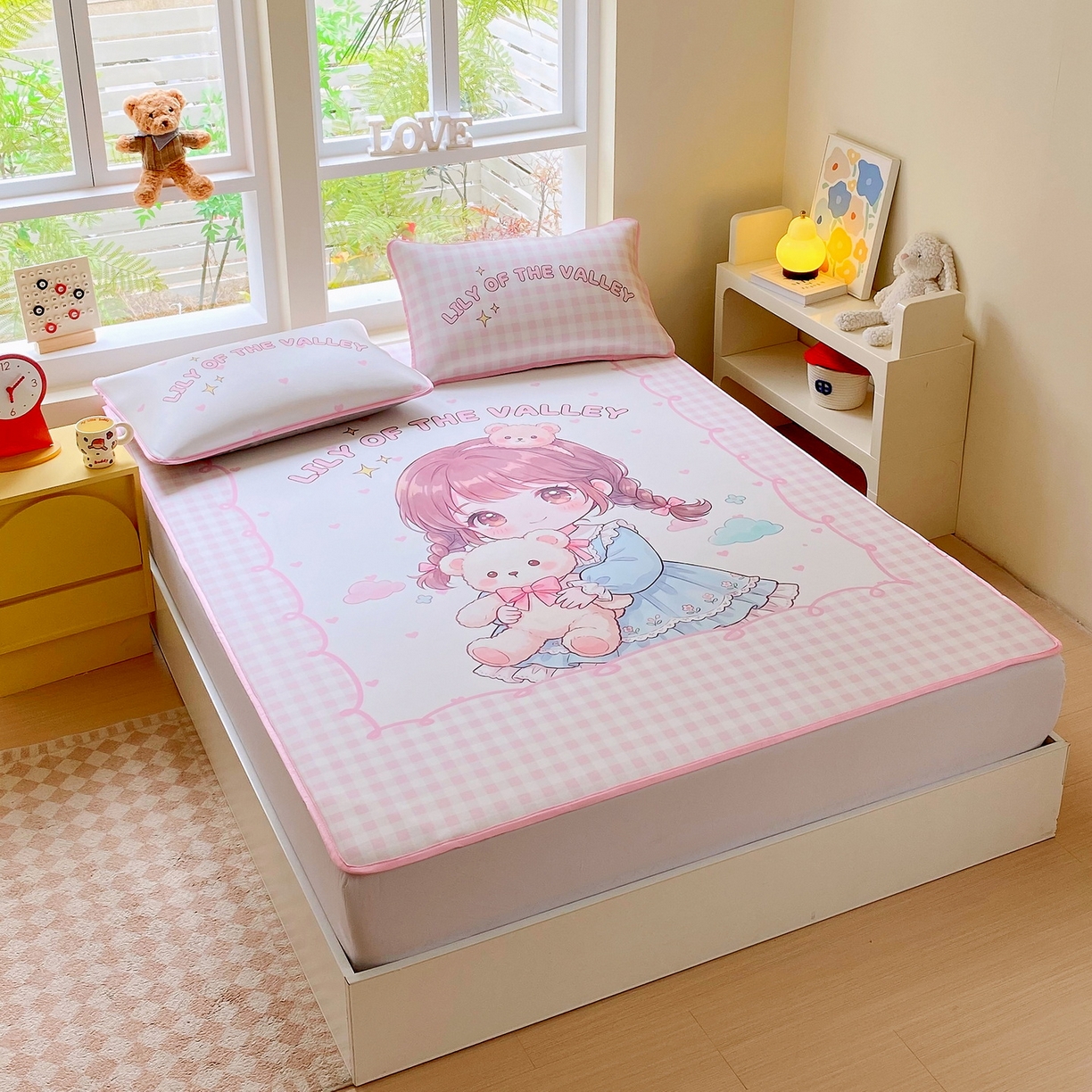 91家纺网 家纺一手货源 找家纺 莱米家纺 2026新款大版小冰皮床笠床席 甜美女孩床席