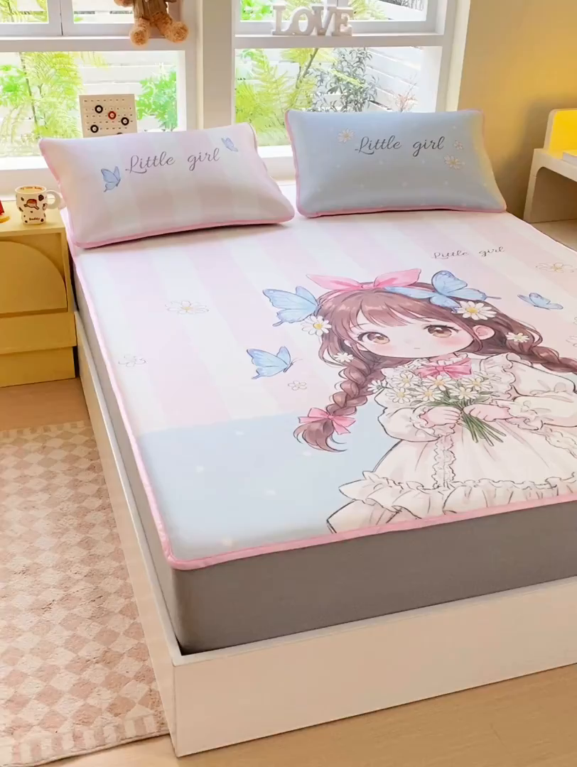 91家纺网 家纺一手货源 找家纺 莱米家纺 2026新款大版小冰皮床笠床席 甜美女孩床笠