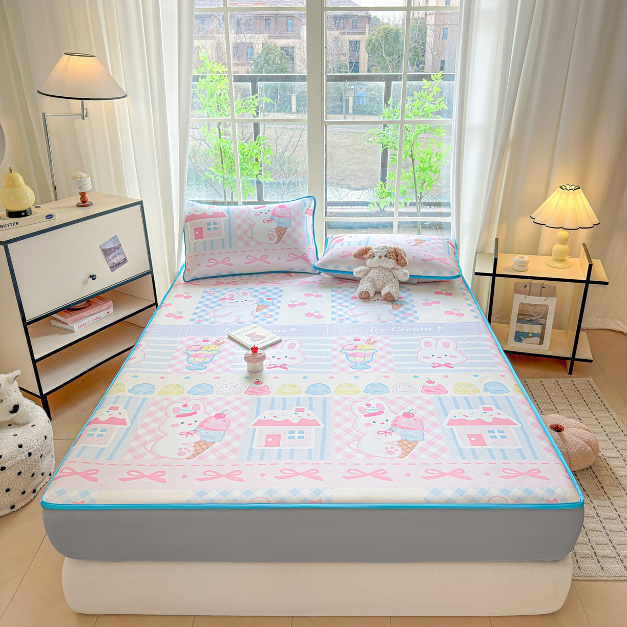 91家纺网 家纺一手货源 找家纺 莱米家纺 2026新款小版小冰皮软席 冰激凌兔