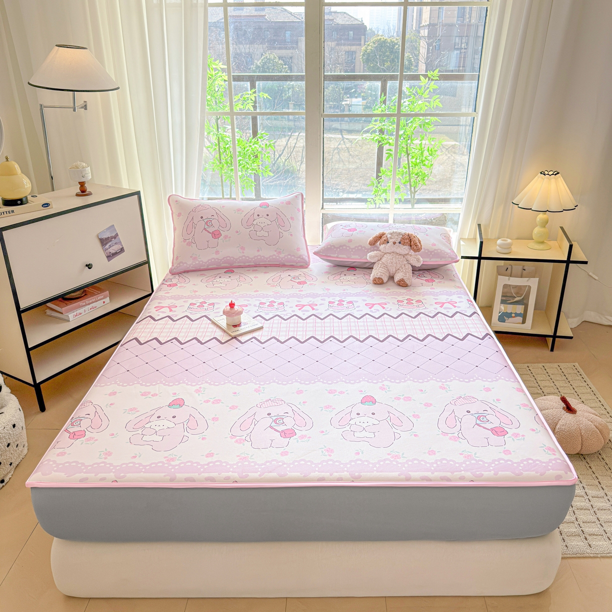 91家纺网 家纺一手货源 找家纺 莱米家纺 2026新款小版小冰皮软席 调皮小兔