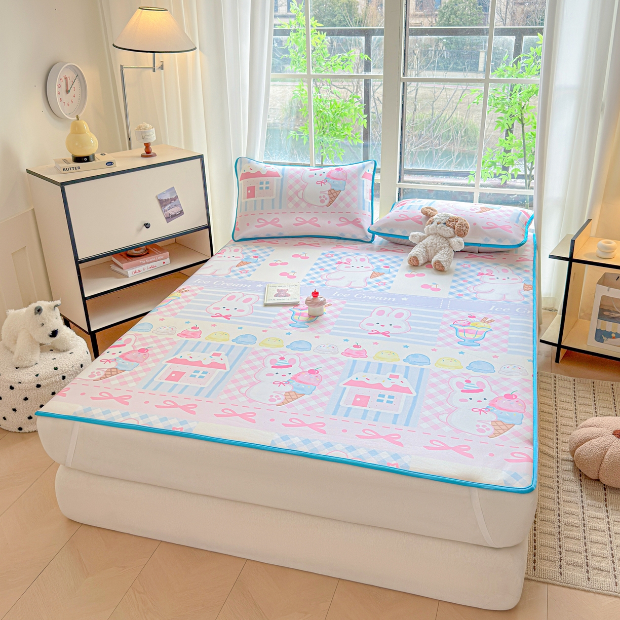 91家纺网 家纺一手货源 找家纺 莱米家纺 2026新款小版小冰皮软席 冰激凌兔