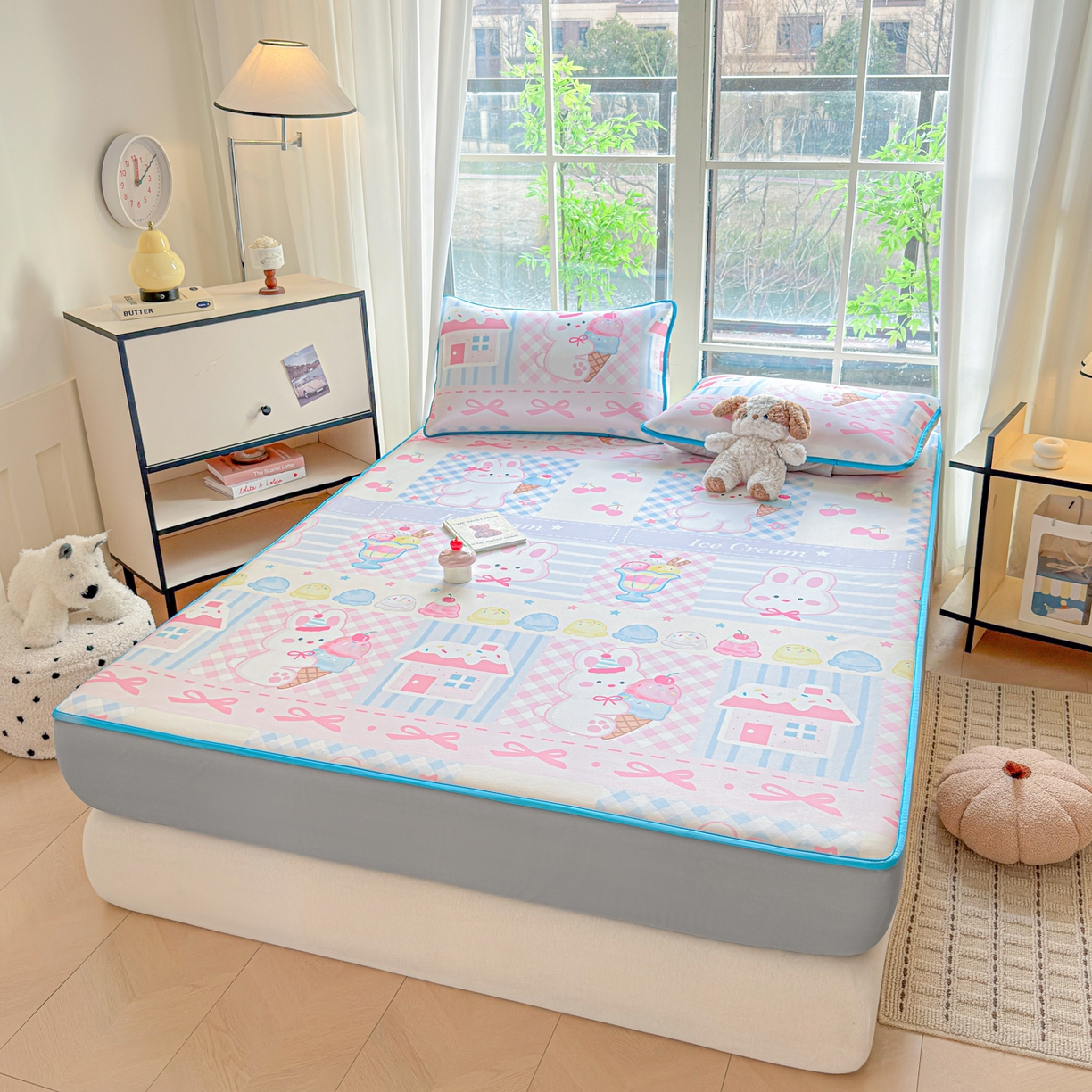 91家纺网 家纺一手货源 找家纺 莱米家纺 2026新款小版小冰皮软席 冰激凌兔