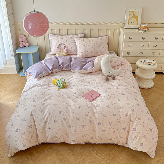 91家纺网 家纺一手货源 找家纺 孑寐家纺 2026新款全棉纯棉四季款床盖四件套 粉心狗