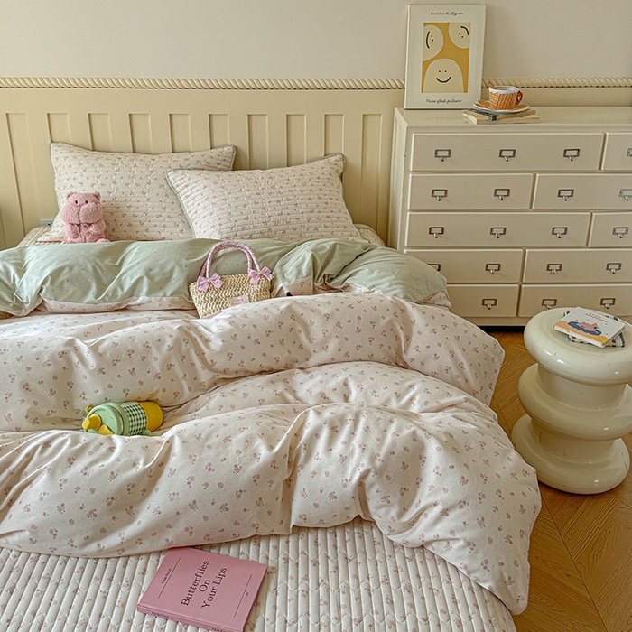 91家纺网 家纺一手货源 找家纺 孑寐家纺 2026新款全棉纯棉四季款床盖四件套 粉色小花