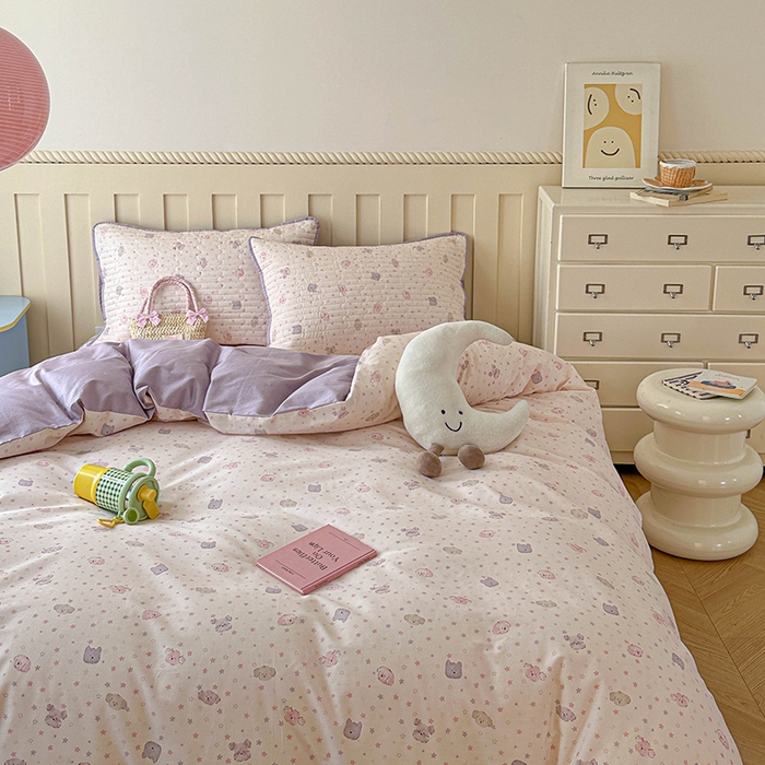 91家纺网 家纺一手货源 找家纺 孑寐家纺 2026新款全棉纯棉四季款床盖四件套 粉心狗