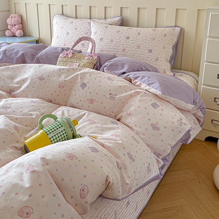 91家纺网 家纺一手货源 找家纺 孑寐家纺 2026新款全棉纯棉四季款床盖四件套 粉心狗