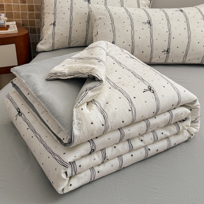 寐眠 2026新款泡泡纱印花夏被夏凉被空调被 雾灰蝴蝶结