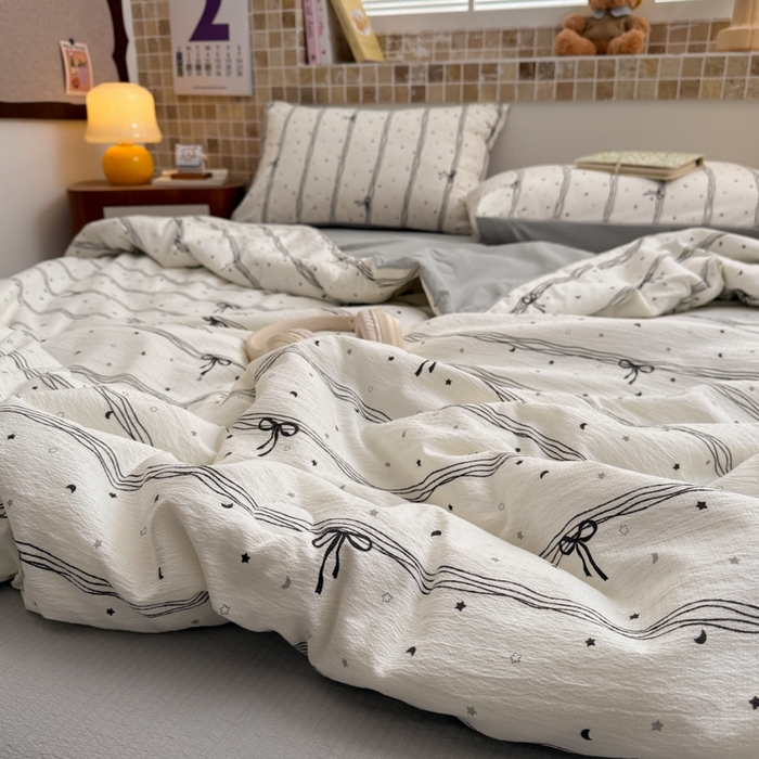 91家纺网 家纺一手货源 找家纺 寐眠 2026新款泡泡纱印花夏被夏凉被空调被 雾灰蝴蝶结