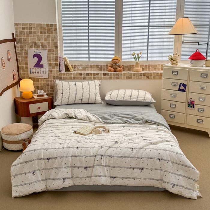 91家纺网 家纺一手货源 找家纺 寐眠 2026新款泡泡纱印花夏被夏凉被空调被 雾灰蝴蝶结