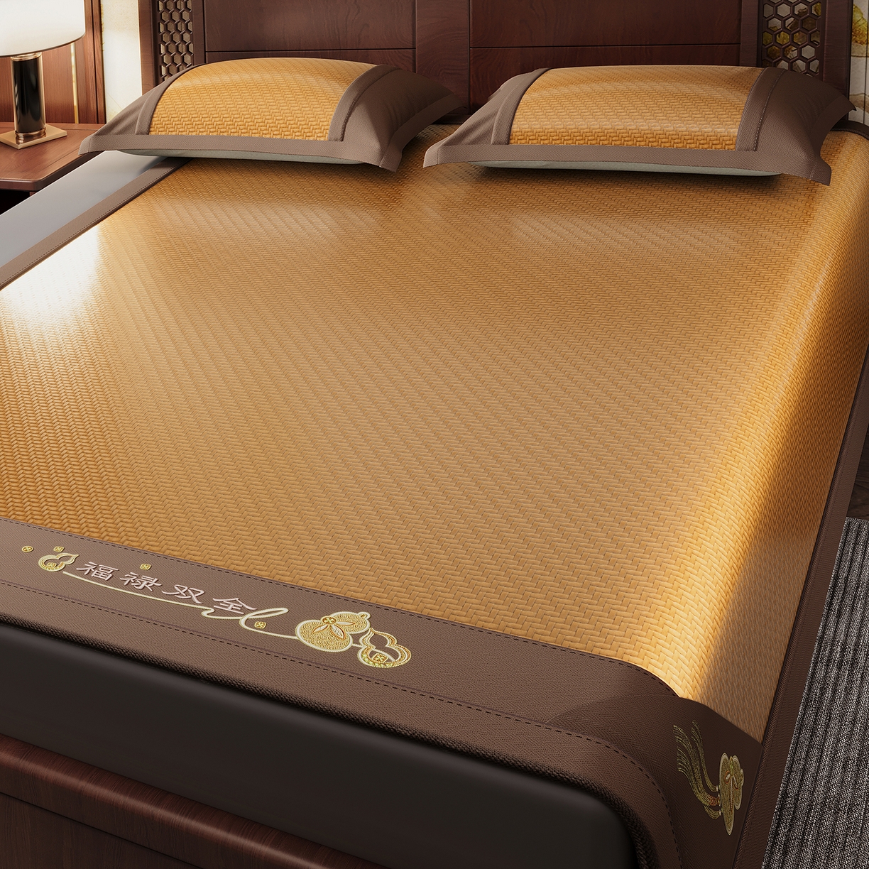 91家纺网 家纺一手货源 找家纺 鑫姿席业 2026新款夏季高端竹席pe藤席空调软席可水洗席子凉席-葫芦双全 葫芦双全-浅咖