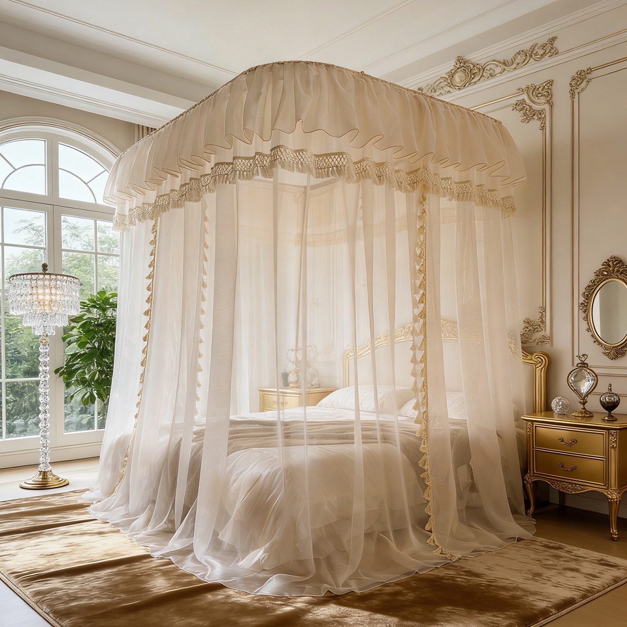 91家纺网 家纺一手货源 找家纺 都市缘蚊帐 2026新款3393安娜多丽棉纱轨道款宫廷蚊帐 3393安娜-麦芽杏