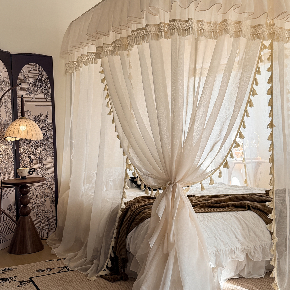 91家纺网 家纺一手货源 找家纺 都市缘蚊帐 2026新款3393安娜多丽棉纱轨道款宫廷蚊帐 3393安娜-麦芽杏