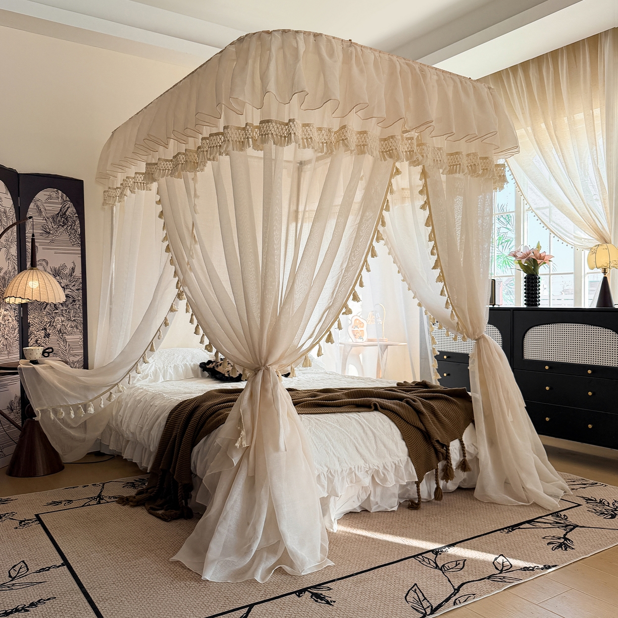 91家纺网 家纺一手货源 找家纺 都市缘蚊帐 2026新款3393安娜多丽棉纱轨道款宫廷蚊帐 3393安娜-麦芽杏