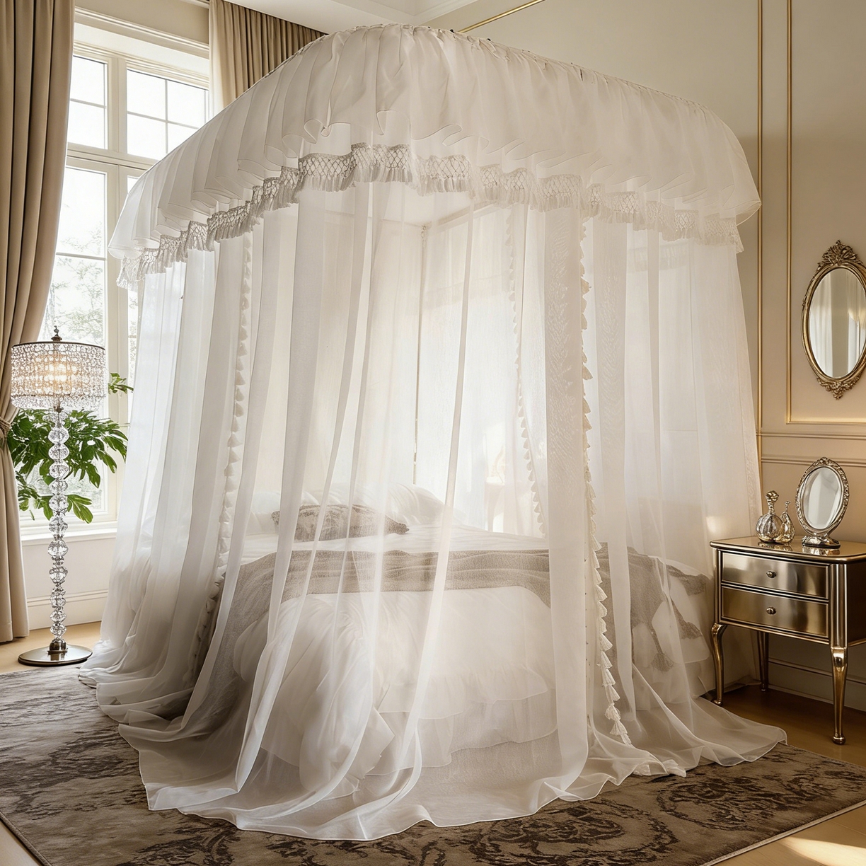 91家纺网 家纺一手货源 找家纺 都市缘蚊帐 2026新款3393安娜多丽棉纱轨道款宫廷蚊帐 3393安娜-云雾白