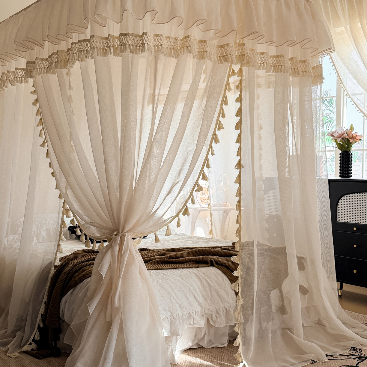 91家纺网 家纺一手货源 找家纺 都市缘蚊帐 2026新款3393安娜多丽棉纱轨道款宫廷蚊帐 3393安娜-麦芽杏