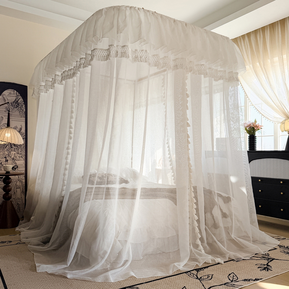 91家纺网 家纺一手货源 找家纺 都市缘蚊帐 2026新款3393安娜多丽棉纱轨道款宫廷蚊帐 3393安娜-云雾白