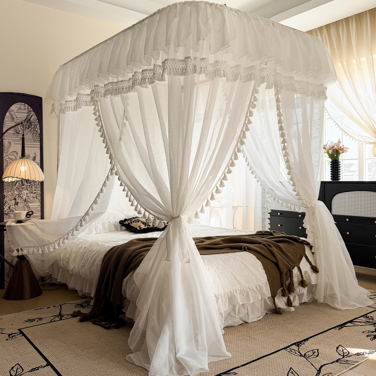 91家纺网 家纺一手货源 找家纺 都市缘蚊帐 2026新款3393安娜多丽棉纱轨道款宫廷蚊帐 3393安娜-云雾白