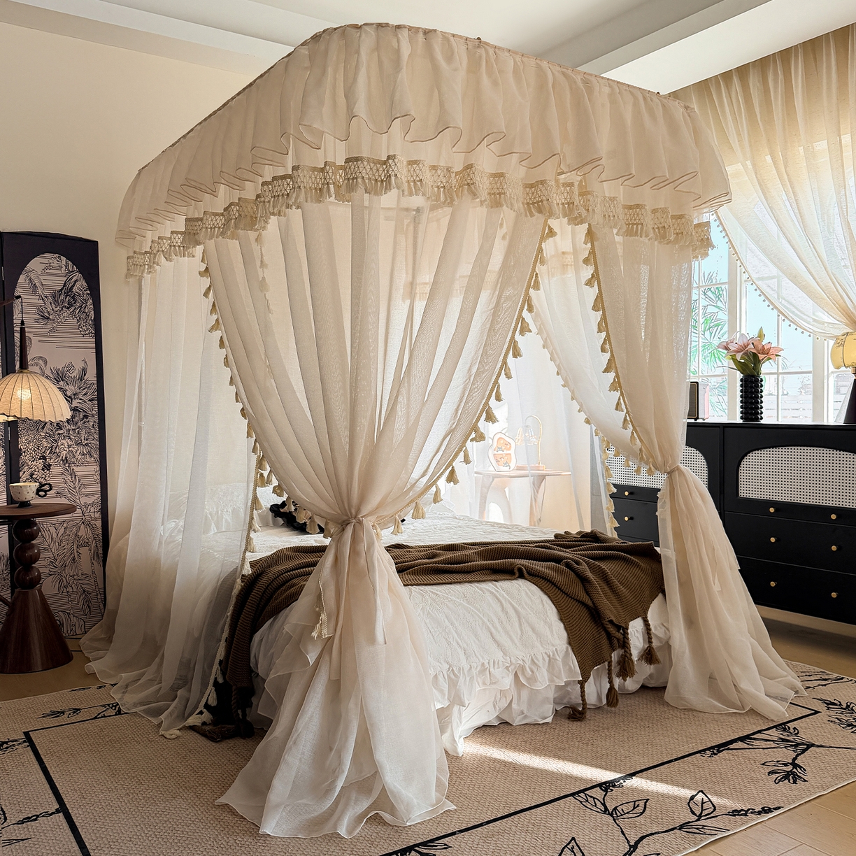 91家纺网 家纺一手货源 找家纺 都市缘蚊帐 2026新款3393安娜多丽棉纱轨道款宫廷蚊帐 3393安娜-麦芽杏