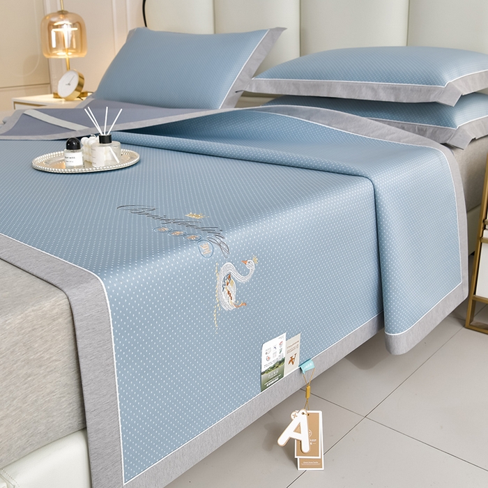 小牛席业 2026新款加厚款-满天星天鹅刺绣凉感冰丝席系列凉席藤席冰藤席冰丝席竹席草席空调席乳胶席豆豆席 满天星天鹅凉感冰丝席-蓝色