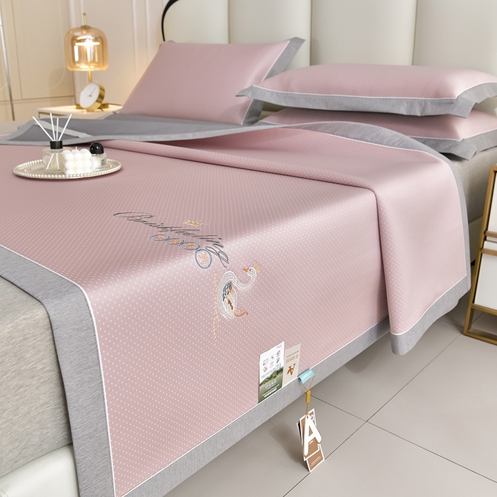 小牛席业 2026新款加厚款-满天星天鹅刺绣凉感冰丝席系列凉席藤席冰藤席冰丝席竹席草席空调席乳胶席豆豆席 满天星天鹅凉感冰丝席-粉色