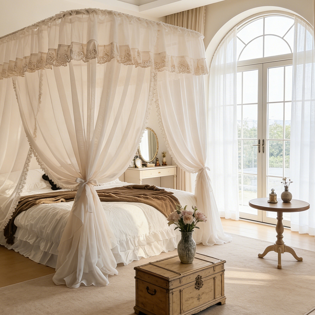 91家纺网 家纺一手货源 找家纺 都市缘蚊帐 2026新款3393香思缦多丽棉纱轨道款宫廷蚊帐 3393香思缦-麦芽杏