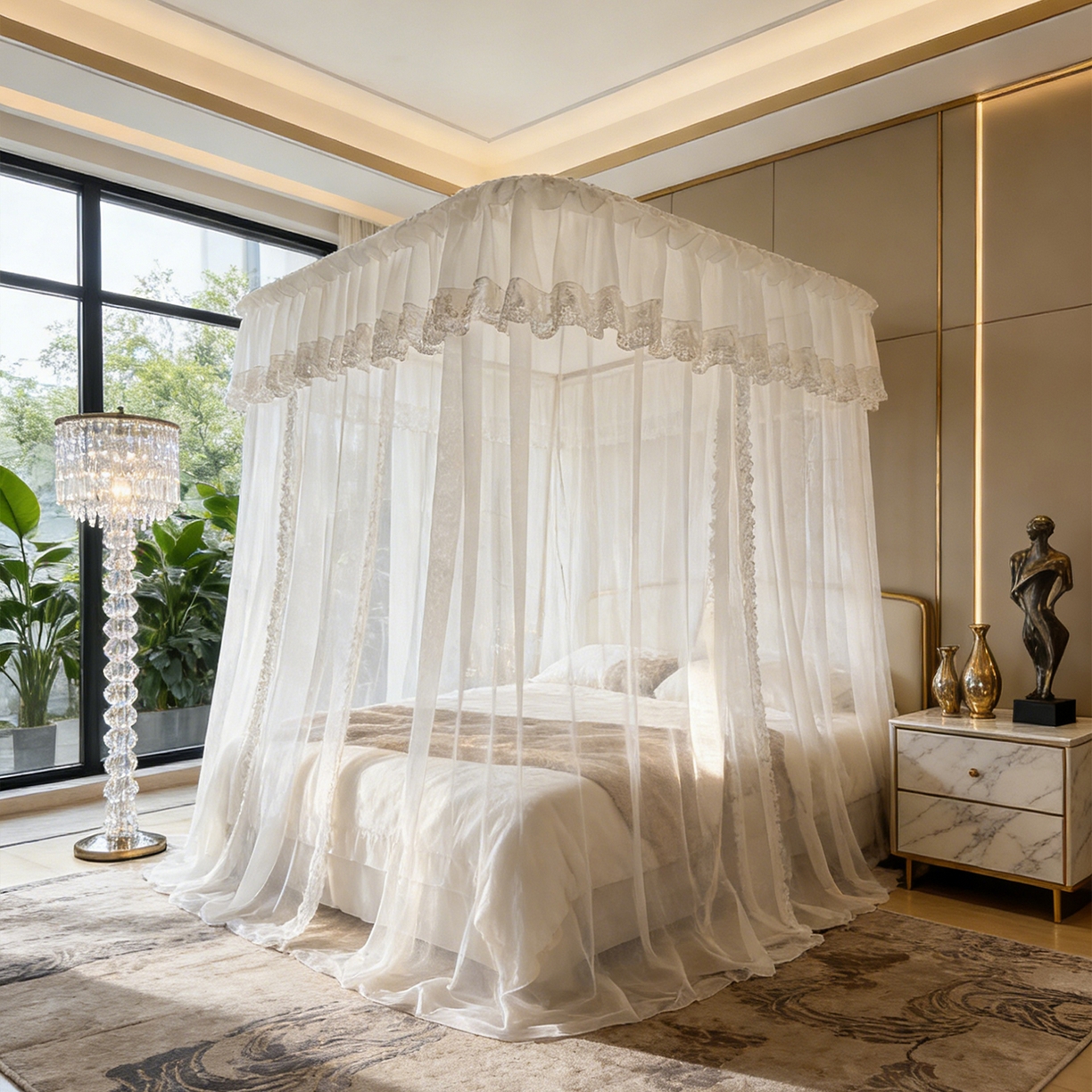 91家纺网 家纺一手货源 找家纺 都市缘蚊帐 2026新款3393香思缦多丽棉纱轨道款宫廷蚊帐 3393香思缦-云雾白