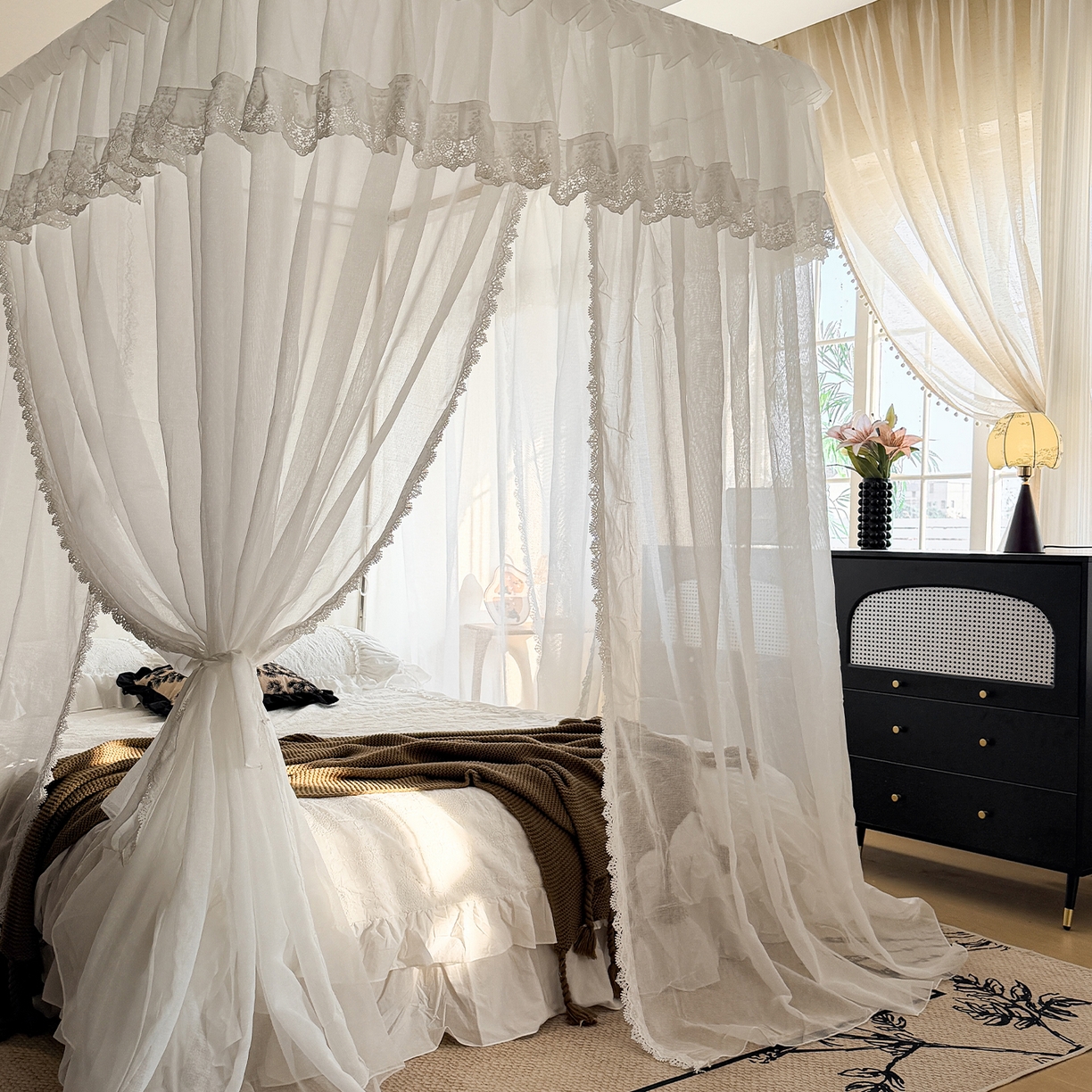 91家纺网 家纺一手货源 找家纺 都市缘蚊帐 2026新款3393香思缦多丽棉纱轨道款宫廷蚊帐 3393香思缦-云雾白