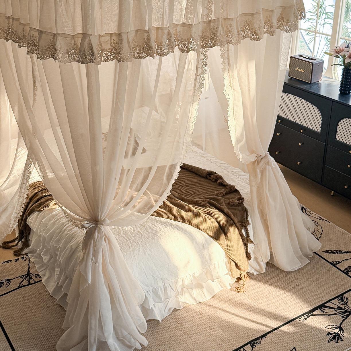 91家纺网 家纺一手货源 找家纺 都市缘蚊帐 2026新款3393香思缦多丽棉纱轨道款宫廷蚊帐 3393香思缦-麦芽杏