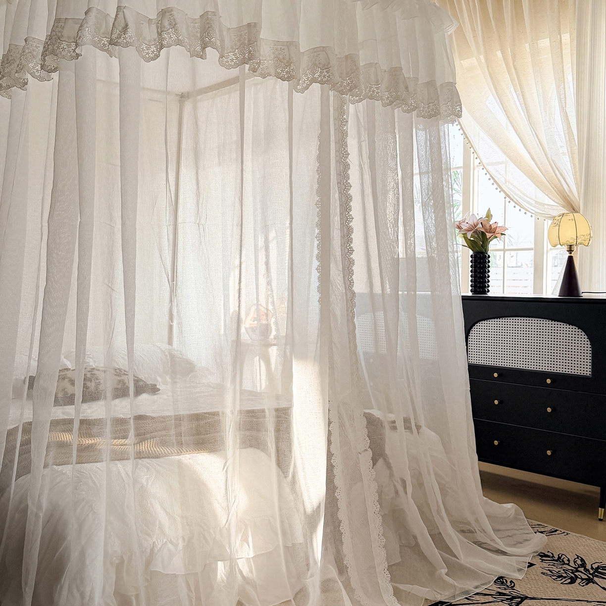 91家纺网 家纺一手货源 找家纺 都市缘蚊帐 2026新款3393香思缦多丽棉纱轨道款宫廷蚊帐 3393香思缦-云雾白