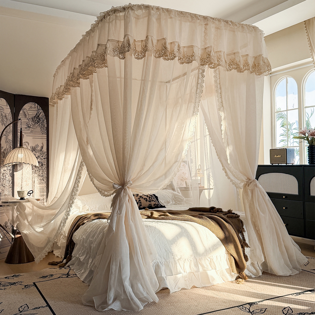 91家纺网 家纺一手货源 找家纺 都市缘蚊帐 2026新款3393香思缦多丽棉纱轨道款宫廷蚊帐 3393香思缦-麦芽杏