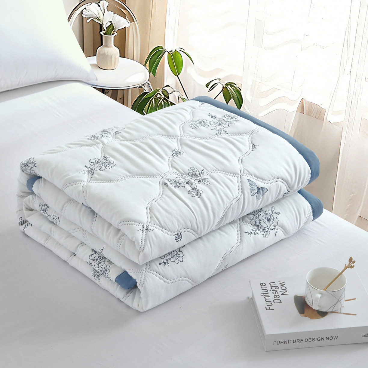 91家纺网 家纺一手货源 找家纺 好欣怡 2026新款水洗棉夏被 浅蓝信