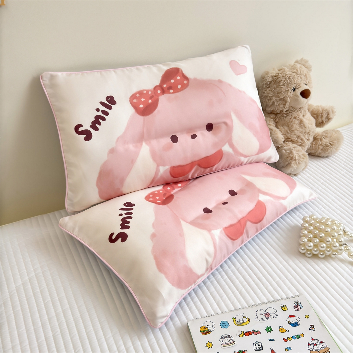 雯豆家纺 2026新款60支蓝精天丝枕套儿童卡通枕芯定位大版枕头套 天丝-粉粉兔