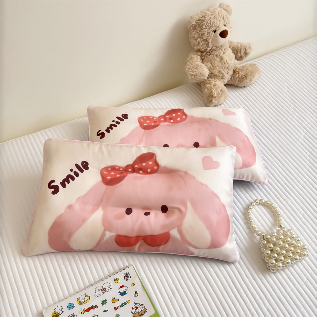 91家纺网 家纺一手货源 找家纺 雯豆家纺 2026新款60支蓝精天丝枕套儿童卡通枕芯定位大版枕头套 天丝-粉粉兔