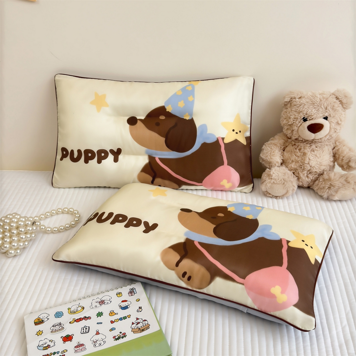 91家纺网 家纺一手货源 找家纺 雯豆家纺 2026新款60支蓝精天丝枕套儿童卡通枕芯定位大版枕头套 天丝-快乐小狗