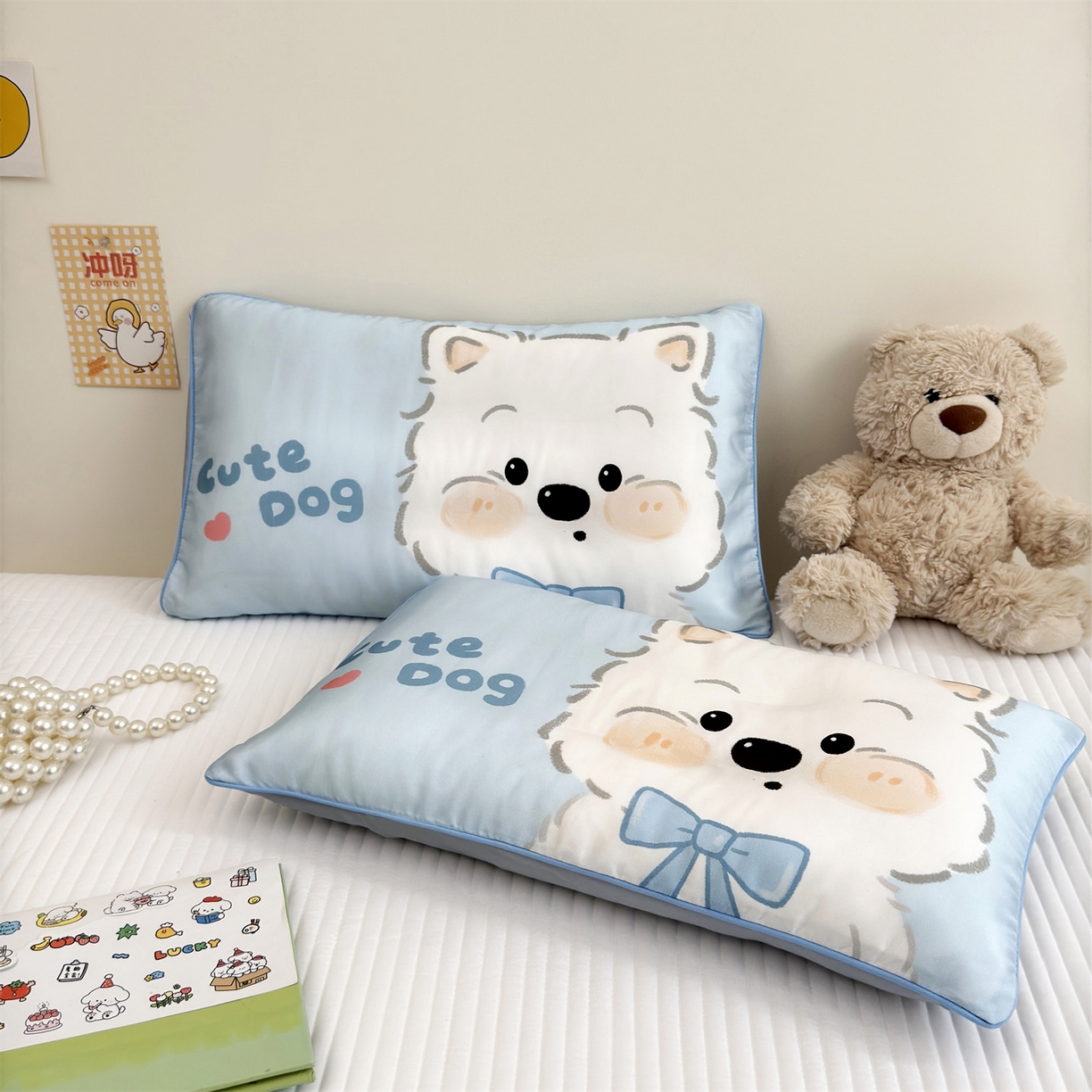 91家纺网 家纺一手货源 找家纺 雯豆家纺 2026新款60支蓝精天丝枕套儿童卡通枕芯定位大版枕头套 天丝-旺财