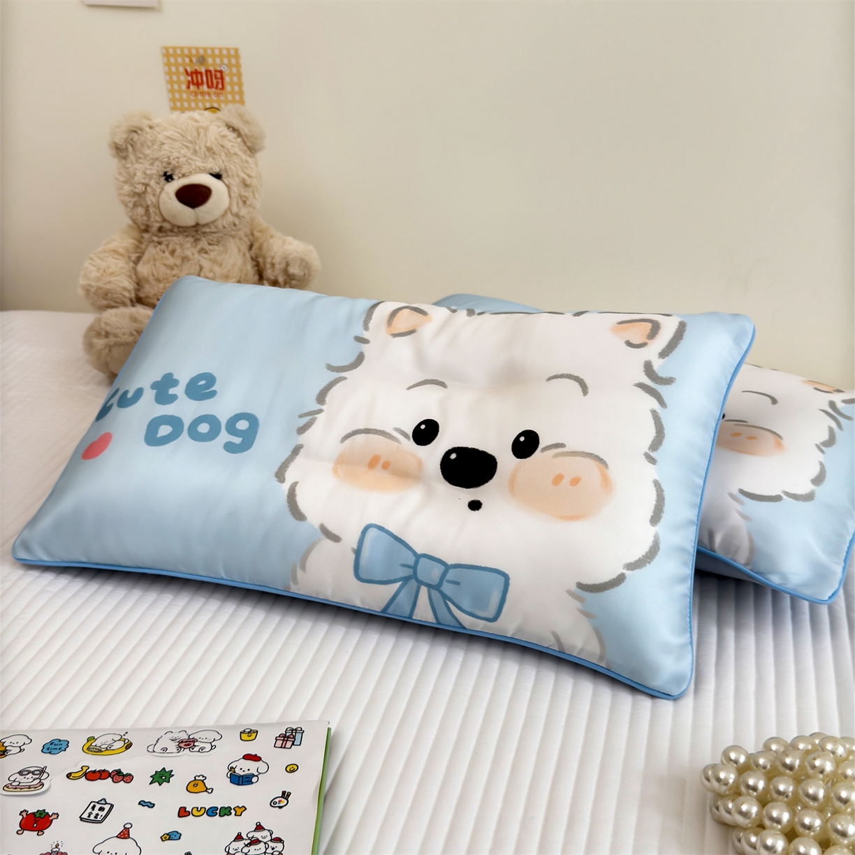 91家纺网 家纺一手货源 找家纺 雯豆家纺 2026新款60支蓝精天丝枕套儿童卡通枕芯定位大版枕头套 天丝-旺财