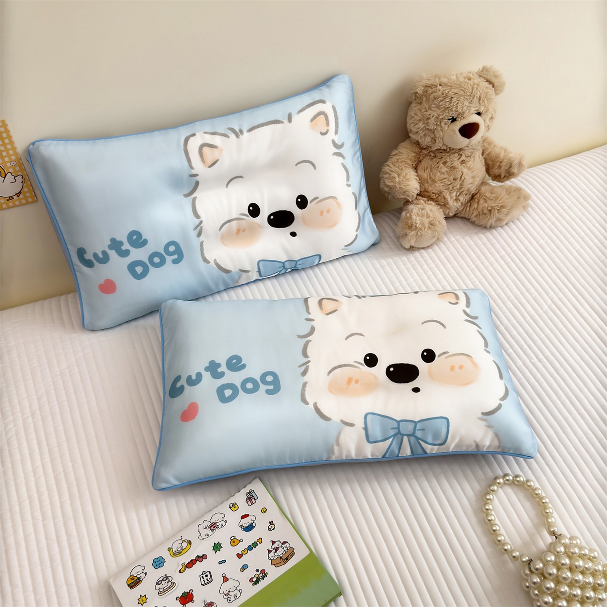 91家纺网 家纺一手货源 找家纺 雯豆家纺 2026新款60支蓝精天丝枕套儿童卡通枕芯定位大版枕头套 天丝-旺财