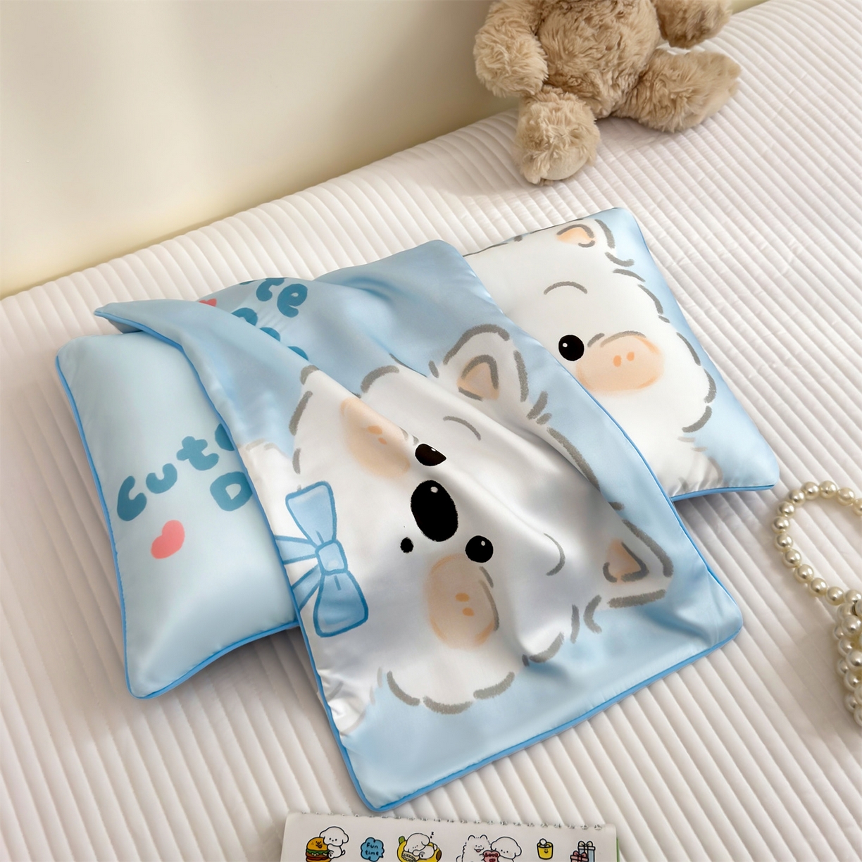 91家纺网 家纺一手货源 找家纺 雯豆家纺 2026新款60支蓝精天丝枕套儿童卡通枕芯定位大版枕头套 天丝-旺财
