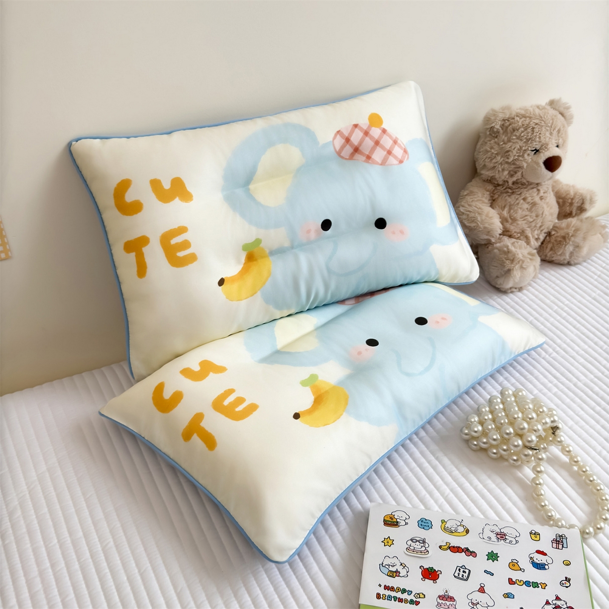 雯豆家纺 2026新款60支蓝精天丝枕套儿童卡通枕芯定位大版枕头套 天丝-象嘟嘟